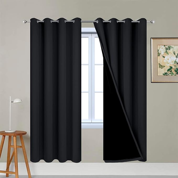 Yakamok Black 100% Blackout Curtains 72 Inches Long for Bedroom 52" Wide | Blackout Curtain Panels for Bedroom, 2 Thick Layers Grommet Top Thermal Insulated Drapes with Black Liner for Living Room