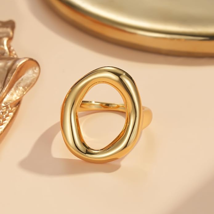 YeGieonr Gold Rings for Women Non Tarnish - 18K Gold Plated Stainless Steel Chunky Oval Statement Ring, Dainty Thick Waterproof Stackable Ring