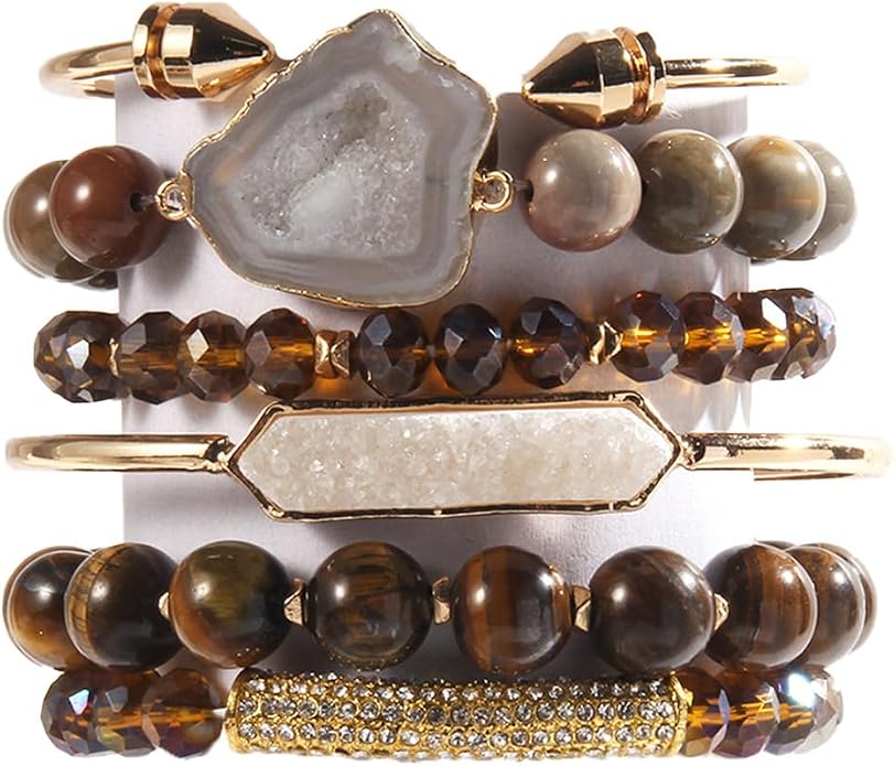 Yomisa 5PCS 6PCS Natural Boho Beaded Bracelets/Bangle for Women Men,Healing Turquoise Jasper Agate Crystal Gemstone Stone Chakra Multilayer Wrap Bohemian Handmade Jewelry Beads Stretch Bracelet Set
