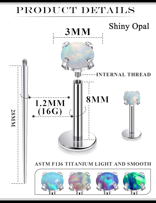 20G 18G 16G Astm F136 Titanium Internal Thread Flat Back Earrings Nose Studs Tragus Helix Conch Cartilage Lobe Earrings Medusa Labret Snake Bite Monroe Lip Ring Piercing Jewelry For Women Men