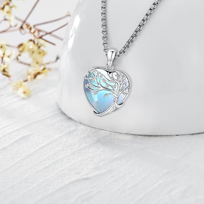 Tree of Life Necklace for Women Sterling Silver Celtic Moon Tree Moonstone Turquoise Pendant Heart Family Tree Necklace for Mother Daughter Sister Gifts