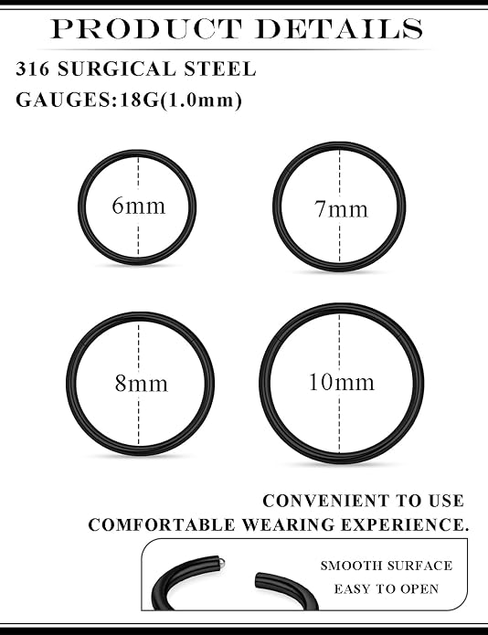 20G 18G 16G 14G 12G 10G 8G 6G Nose Rings Hoops 316l Surgical Steel Clicker Septum Lip Ring Tragus Helix Daith Rook Conch Snug Cartilage Lobe Earrings Hoop Piercing Jewelry For Women Men