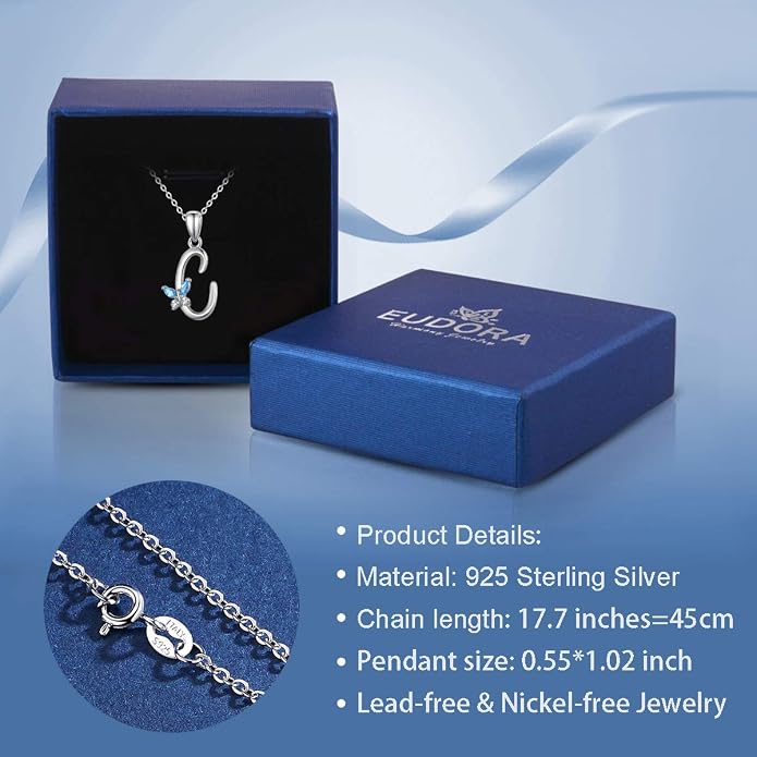 EUDORA Sterling Silver Butterfly Initial Necklaces for Women, Elegant Letter Neckles Personalized Gift for Mother, Sister, Daughter, 18 inch Chai