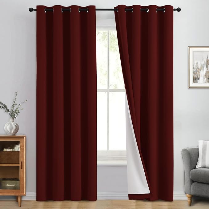 Yakamok Burgundy Red Blackout Curtains 84 Inches Long for Bedroom 50" Wide | Blackout Curtain Panels for Bedroom, 2 Thick Layers Grommet Top Thermal Insulated Drapes with White Back for Living Room