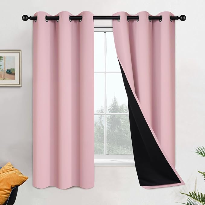 Yakamok Pink 100% Blackout Curtains 63 Inches Long for Bedroom 42" Wide | Blackout Curtain Panels for Bedroom, 2 Thick Layers Grommet Top Thermal Insulated Drapes with Black Liner for Living Room