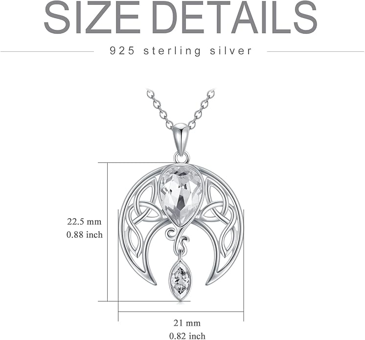 AOBOCO Sterling Silver Celtic Crescent Moon Goddess Pendant Irish Good Luck Necklace with Birthstone Crystal, Celtic Moon Jewelry Gift for Women Mom Wife