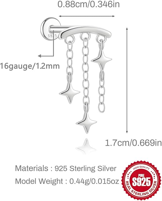 Sterling Silver 925 Flat Back Earring for Women Hidden Helix Piercing Jewelry 16G Star Moon Dangle Cartilage Internally Threaded Tragus Conch Stud Screw Cubic Zirconia Ear Ring