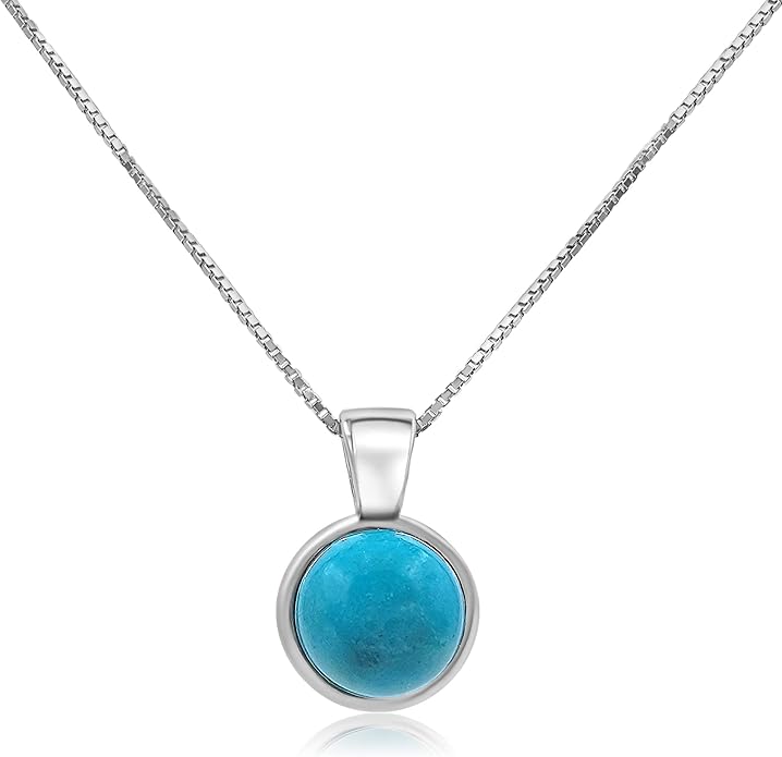 Natural gemstone 8mm round pendant with white gold over 925 sterling silver bezel cabochon plate and box chain, real genuine dainty birthstone gift for her, uniquelan jewelry