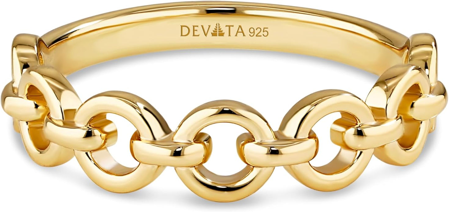 DEVATA Gold or Rhodium Plated Sterling Silver 925 – Eternity, Band Ring for Women – Heart, Knot, Clover, Infinity, Mariner, Cable, Curb, Cuban, Figaro, Daisy, Rope, Ribbed, Dome