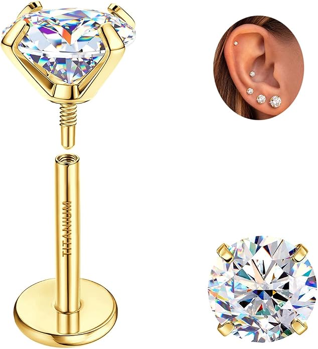 GEMQUEEN Moissanite Earrings G23 Titanium Extended Internal Thread Flat Back Earrings Hypoallergenic Tragus Cartilage Helix Conch Piercing Jewelry for Women Men 18G 6/8mm Post Gray/D Color 0.2-3CT