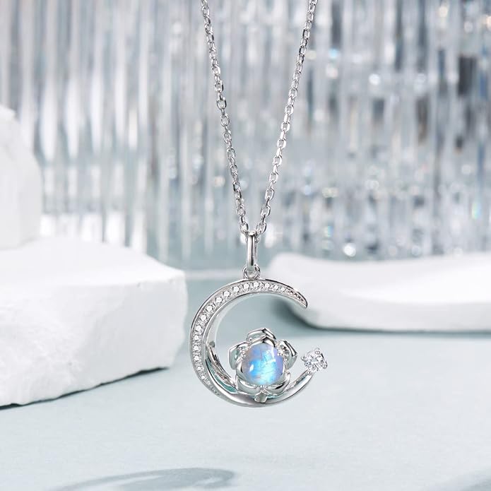Birthstone Necklace for Women Sterling Silver Moon Pendant Necklaces Anniversary Birthday Fine Jewelry Gifts for Her Women Mother, Adjustable Chain