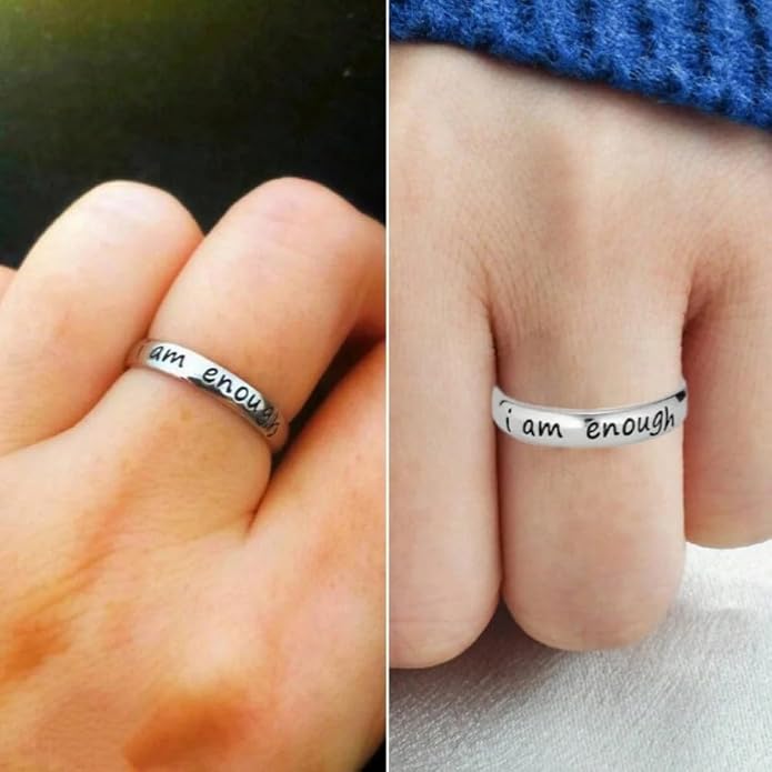 I Am Enough Ring for Women, Mantra Engraved Love Hope Brave Inspirational Gift Card Kind Statement Birthday Anniversary Jewelry