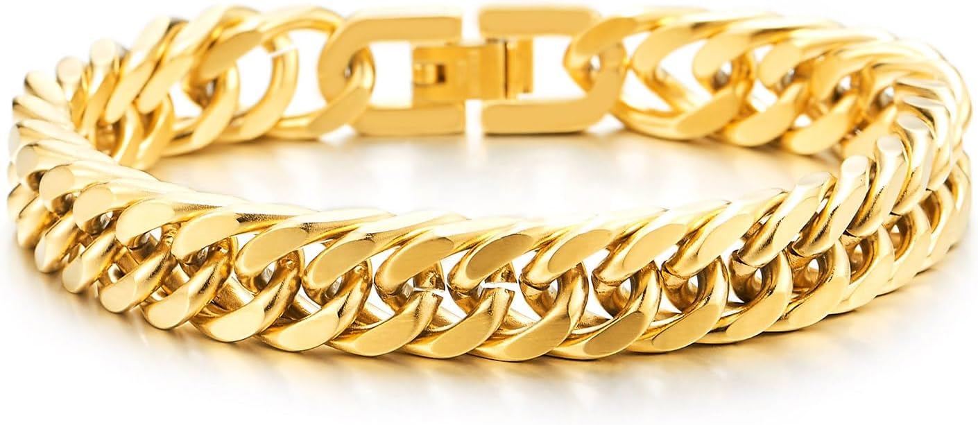COOLSTEELANDBEYOND Mens Stainless Steel Two-tone Curb Chain Bangle Bracelet, Satin Finish