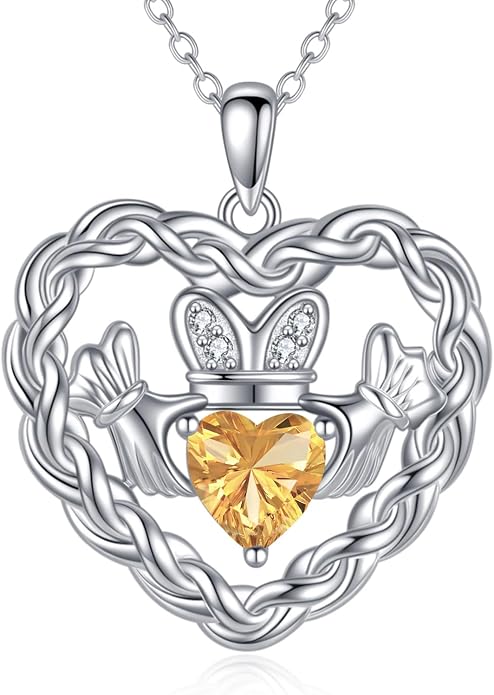 Birthstone Claddagh Heart Necklace 925 Sterling Silver Heart Celtic Knot Claddagh Necklace Pendant Irish Jewelry Gifts for Women Mom Wife Sister Christmas Birthday,18+2 inch