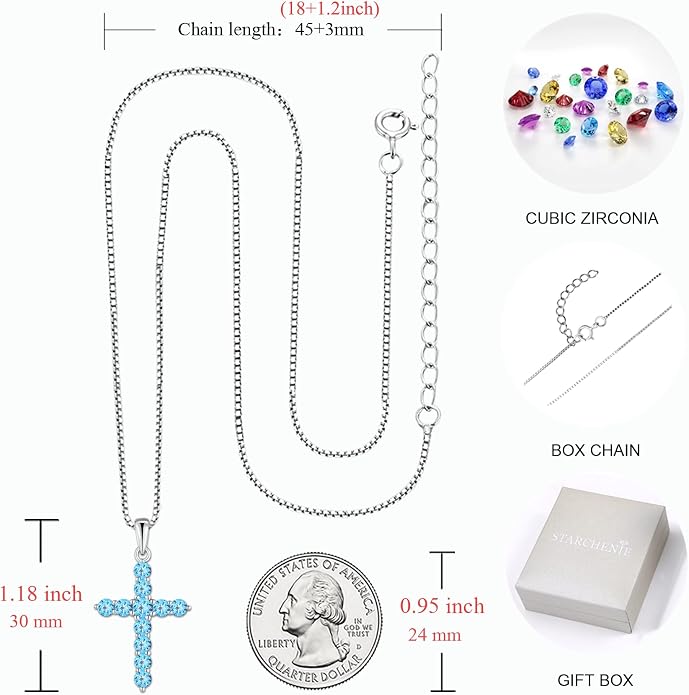 STARCHENIE Cross Necklace Sterling Silver Crucifix Pendant Gemstones Jewelry for Women