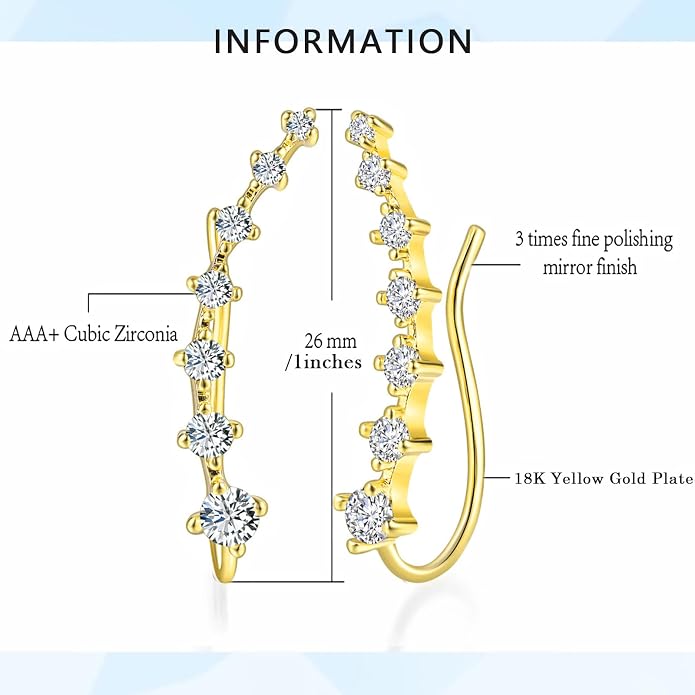 Climber Earrings for Women Ear Crawler Earrings Rose/White/Yellow Gold Plated Cubic Zirconia Birthstone Earring Gifts for Women