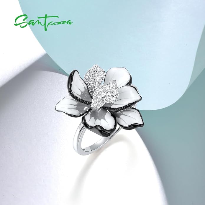 Santuzza 925 Sterling Silver Enamel Flower Statement Ring for Women