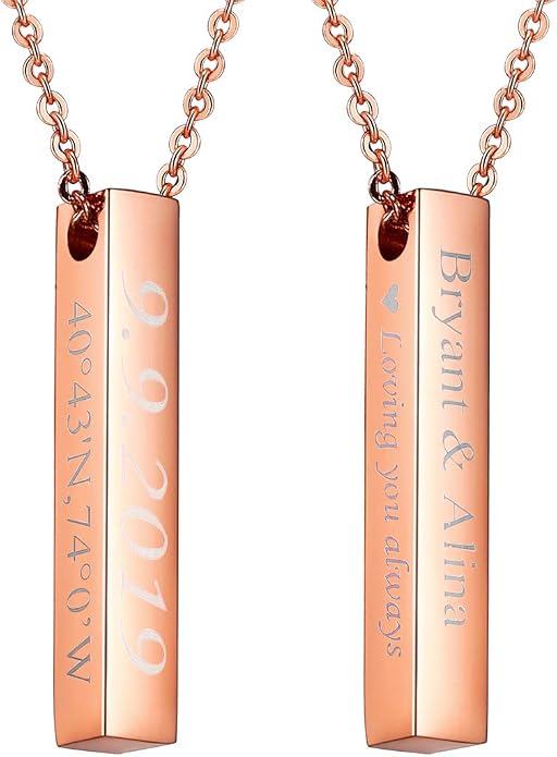 U7 Engravable Bar Necklace, Womens Choker Necklace Stainless Steel Custom Engrave Text Horizontal/Vertical Bar Pendant Necklaces for Men Women
