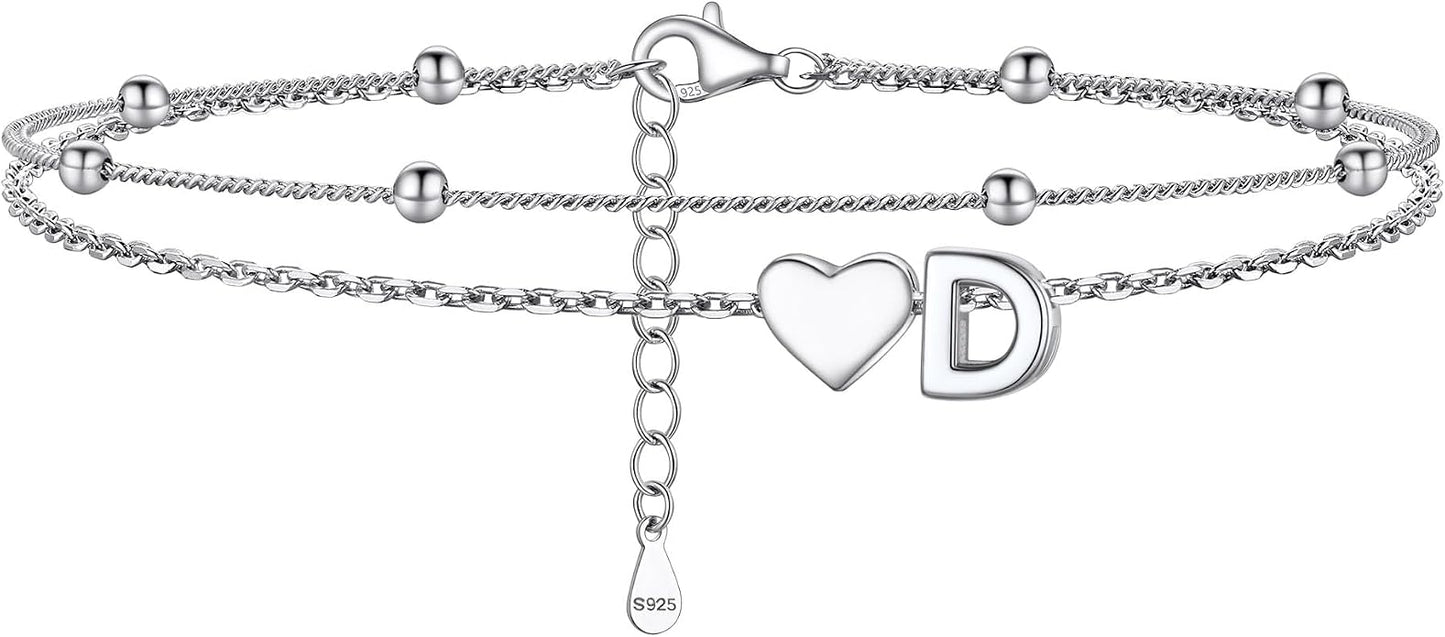 PROSILVER Ankle Bracelets for Women S925 Sterling Silver Anklets for Women Waterproof, Dainty Layered Heart Anklet, Beach Initial Anklet for Summer, Letter A-Z