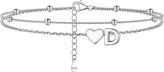 PROSILVER Ankle Bracelets for Women S925 Sterling Silver Anklets for Women Waterproof, Dainty Layered Heart Anklet, Beach Initial Anklet for Summer, Letter A-Z