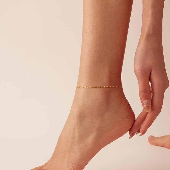 Dainty Ankle Bracelets for Women 18K Gold Plated Satellite Beaded Herringbone Lip Chain Anklets Simple Minimalist Summer Beach Foot Jewelry Christmas Gifts