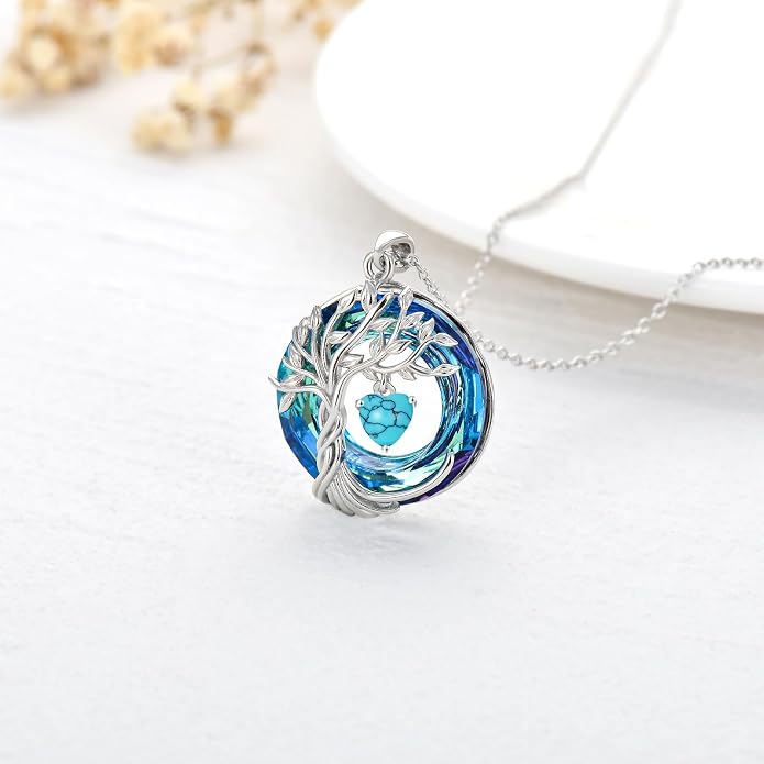 TOUPOP Tree of Life Birthstone Necklaces 925 Sterling Silver Irish Celtic Tree Pendant with Blue Crystal Birthday Jewelry Gifts for Women Mom Wife Her