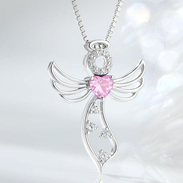925 Sterling Silver Guardian Angel Pendant Necklace for Women - Birthstone Cubic Zirconia, 18" Chain, Gift for Her