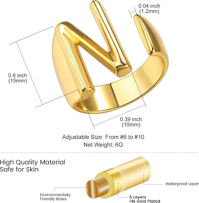 KeyStyle Bold Initial Letter Rings Adjustable, GoldChic Jewelry Women Gold Statement Ring Personalized Engraved Women’s Open Signet Ring for Party (Gold, White Gold, Black)