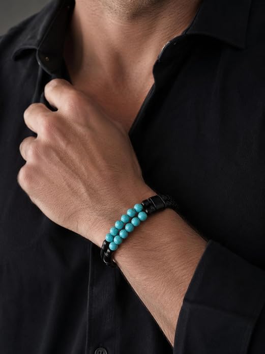 Black Braided Leather Bracelet for Men with Turquoise, Lapis Lazuli, Tiger Eye, Obsidian Stone Double-Row Wristband Beads with Stainless Steel Clasp Fashion Jewelry Gift for Him