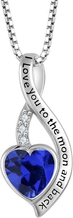 I Love You to The Moon and Back Necklace for Women, 925 Sterling Silver Heart Birthstone Pendant Necklace Jewelry Anniversary Birthday Gifts for Girls Women Wife Mom Daughter