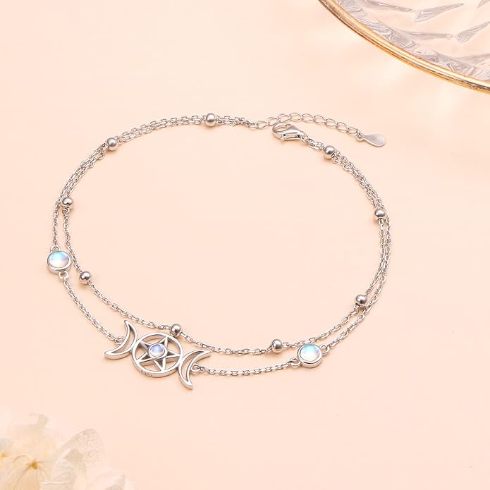 Ladytree S925 Sterling Silver Boho Beach Double Layer Anklets Bracelet for Women Adjustable 9 to 11 inches