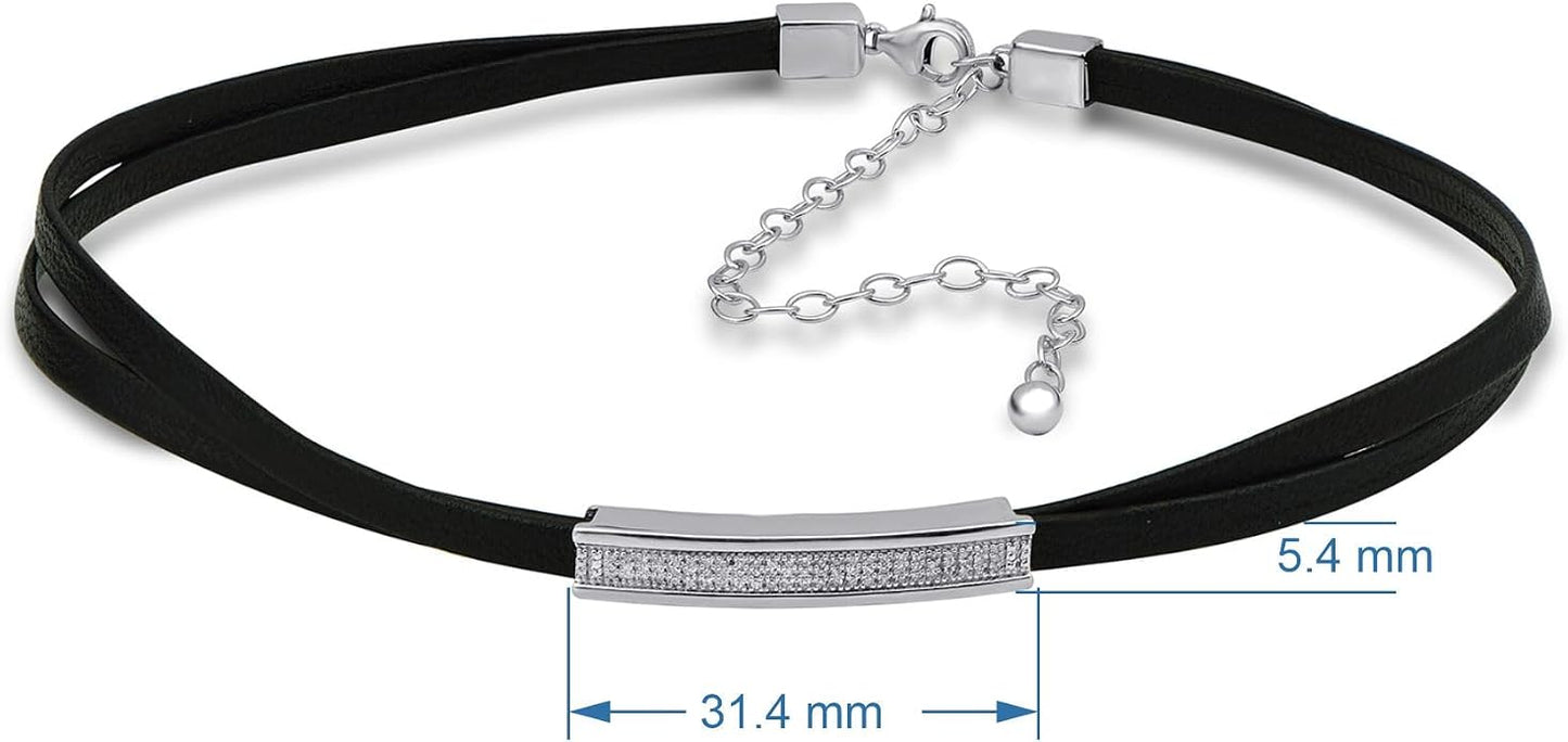 Jewelili Sterling Silver 1/7 Cttw Natural White Round Diamond Black Cord Necklace,23" Leather Cord
