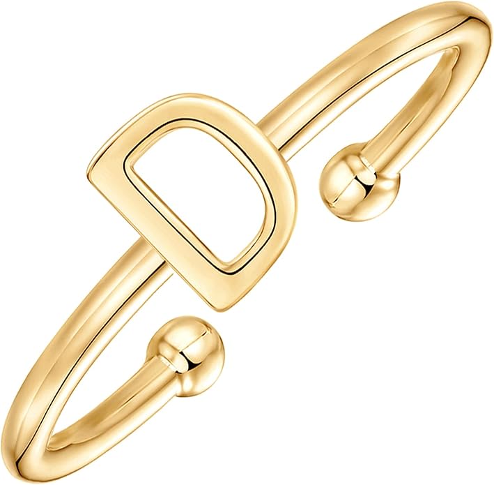 PAVOI 14K Gold Plated Initial Letter Adjustable Ring for Women - Thin Initial Band - Dainty Fashion Jewelry Gifts