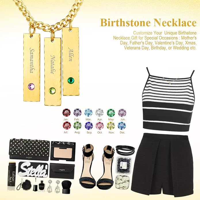 Custom4U Personalized Birthstone Bar Necklaces for Women, Custom Handmade Silver/Black/Gold Vertical Bar Pendants with 1-3 Names Engraved,Unique Memorial Necklace for Her