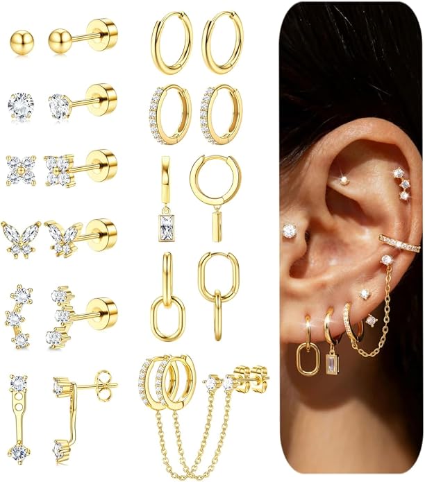 Small 14K Gold Plated Huggie Hoop Earrings for Women Lightweight Double Piercing Chain Earrings Dainty Stud Earrings Hypoallergenic 14K Gold Plated Hoop Earrings Set