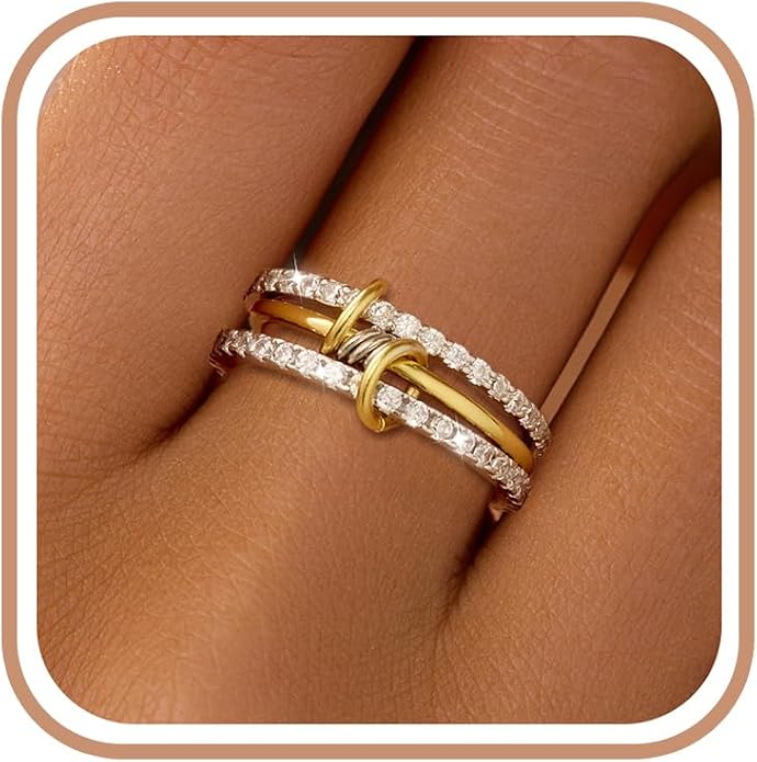 925 Sterling Silver Interlocked Spinelli Ring Stackable Rings for Women Men Non Tarnish Dainty 14K Gold Plated Chunky Rings Two Tone Cubic Zirconia Ring 3 Finger Ring Knuckle Pinky Ring Set Jewelry Gift