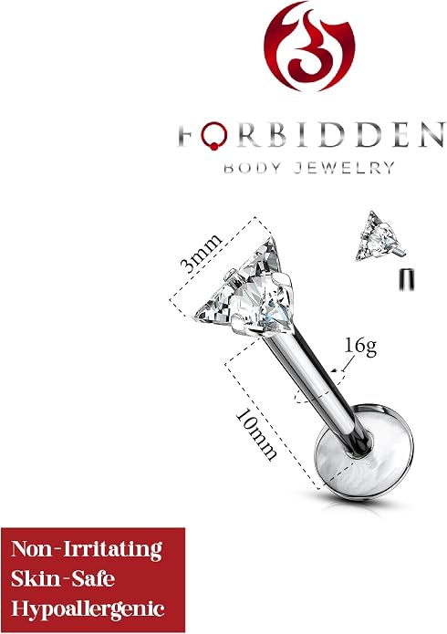 Forbidden Body Jewelry 16 g Titanium Internally Threaded CZ Triangle Flat Back Piercing Stud Earring, Helix, Cartilage, Labret, Monroe for Women or Men