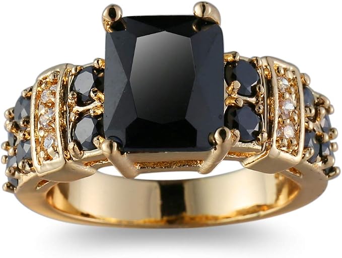 Black Onyx 14K Yellow Gold Filled Princess Cut Stone Gemstone Solitaire Ring Wedding Jewelry Ring (Available 6,7,8,9,10) (US 9)