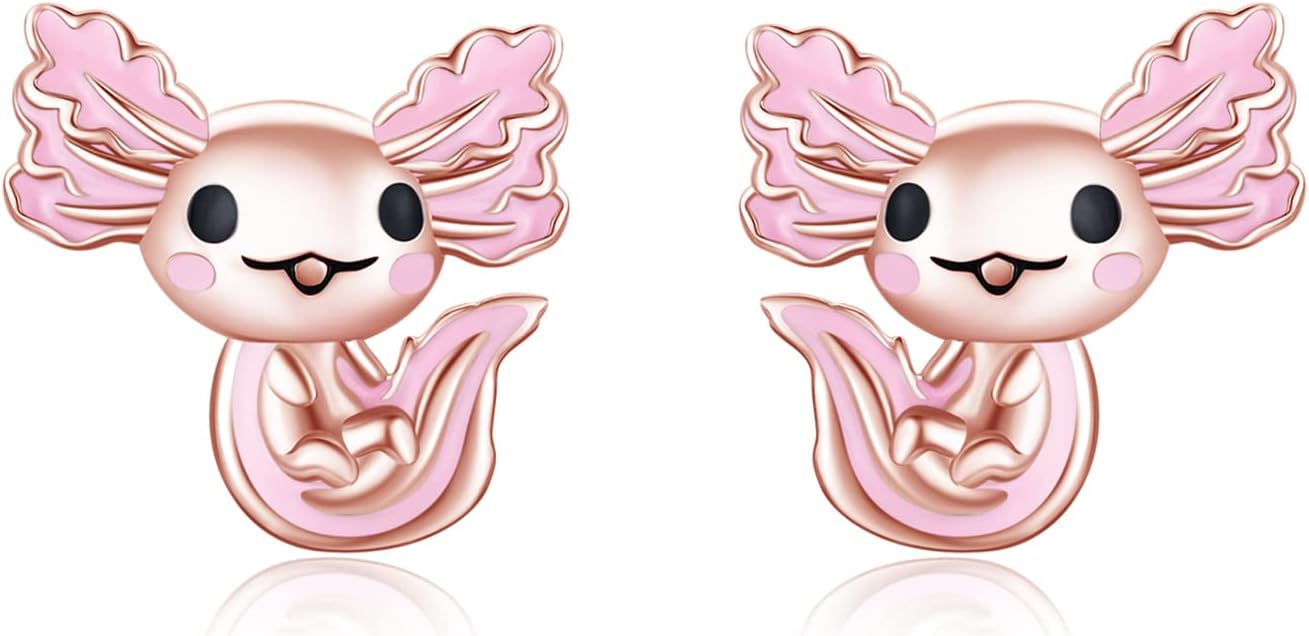 925 Sterling Silver Axolotl Earrings White Gold/Rose Gold Axolotl Jewelry for Women Girls Pink/Blue Axolotl Gifts
