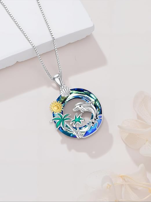 Midari Ocean Necklace 925 Sterling Silver Flamingo Mama Bear Dolphin Penguin Sea Turtle Axolotl Desert Cactus Nautical Rudder Tropical Palm Compass Wave Pendant Boho Jewelry Gifts for Women Men