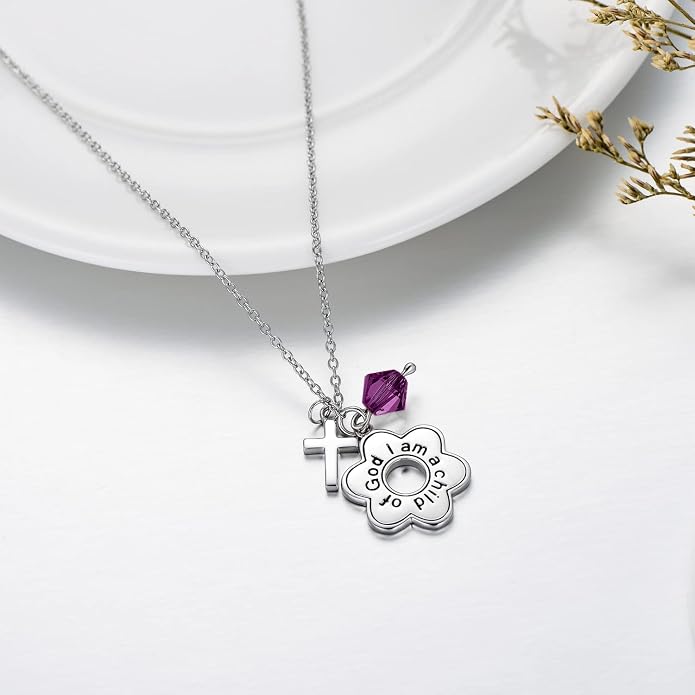 AOBOCO 925 Sterling Silver I Am a Child of God Daisy Necklace Jewelry Birthday Birthday Baptism Communion Gifts for Girls