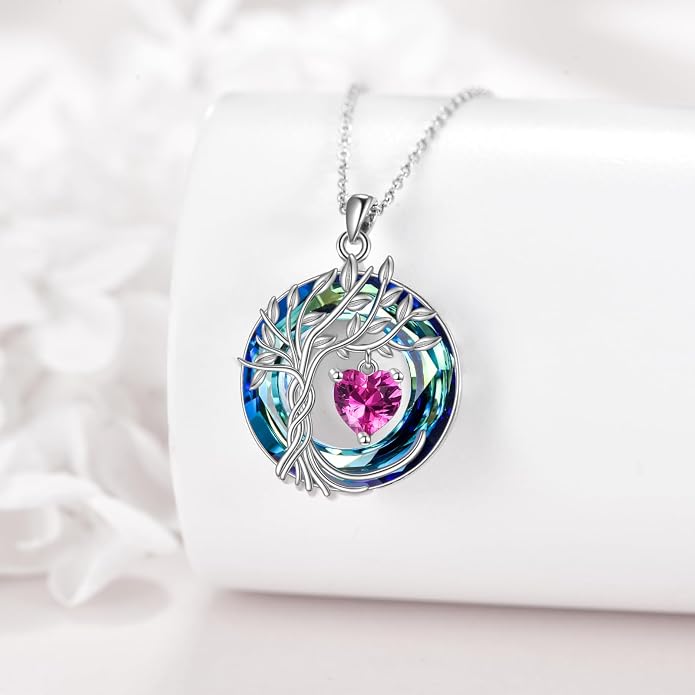 POPLYKE Mothers Day Gifts for Mom Her Wife Tree of Life Necklace 925 Sterling Silver Birthstone Pendant with Crystal Anniversary Birthday Wedding Jewelry for Women