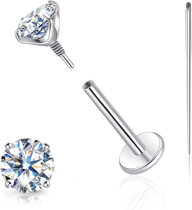 Limerencia Moissanite Internal Thread 18G Titanium Earrings, Hypoallergenic F136 Titanium Flat Back Piercing Studs, VVS1 Lab-created Moissanite Studs for Women Men Tragus Helix Cartilage Conch Labret