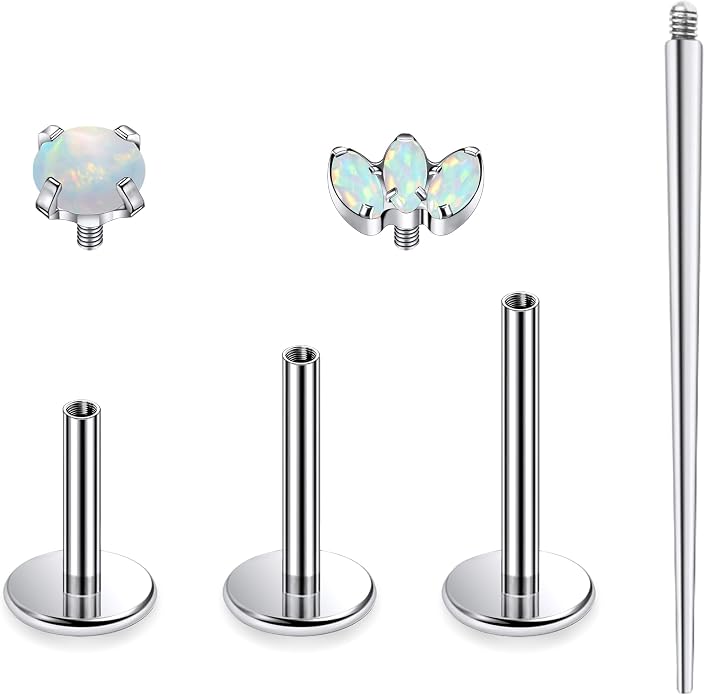 Ruifan Titanium Flat Back Lip Rings Internally Threaded Earrings Studs Nose Rings 16G Opal CZ Tragus Cartilage Lobe Rook Helix Conch Labret Medusa Piercing Jewelry for Women Men W Piercing Taper Set