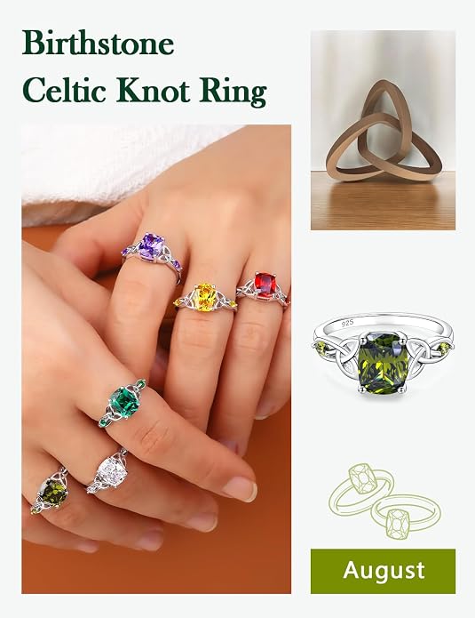 925 Sterling Silver Birthstone Rings for Women Cushion Cut Engagement Celtic Knot Ring Irish Jewelry Created Gemstone Anniversary Rings Size 6-10(with Box)