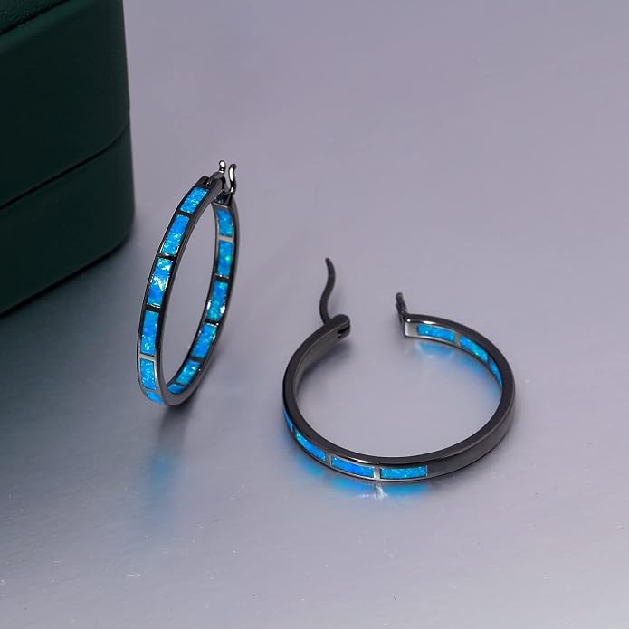 CiNily Opal Hoop Earrings,Women Jewelry Rhodium Plated/Rose Gold or Yellow Gold Plated Gemstone Big Hoop Earrings 32mm