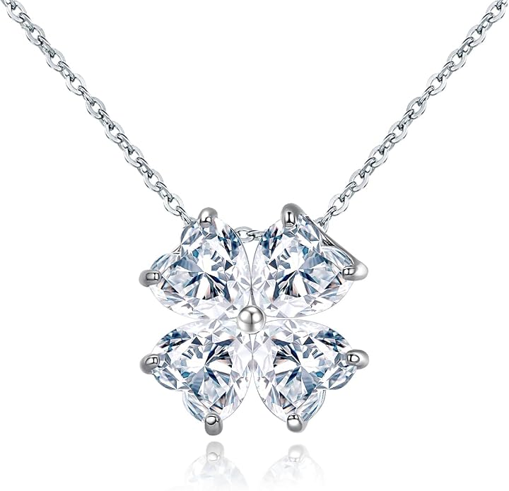 JIANGXIN Colorful Birthstone 925 Sterling Silver Handmade Pendant Necklace for Women Lucky Four Leaf Clover Plant Shamrock Jewelry Rhodium Plated