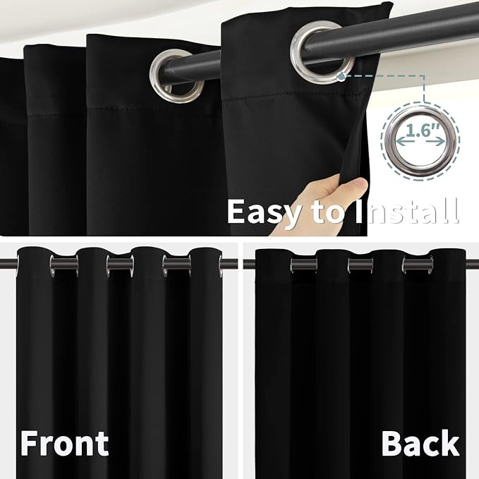 BGment Thermal Insulated 100% Blackout Curtains for Bedroom with Black Liner, Double Layer Full Room Darkening Noise Reducing Grommet Curtain (38 x 63 Inch, Black, 2 Panels)
