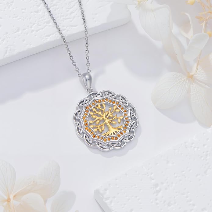 Sterling Silver Birthstone Celtic Tree of Life Necklace, 18K Gold Plated Colored Gemstone Tree of Life Pendant Two-Tone Necklaces Jewelry Birthday Gifts for Women 18" - 20"