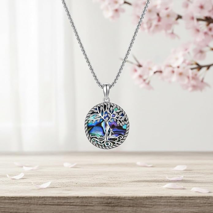 Tree of Life Necklace 18K White Gold Plated Tree of Life Abalone Shell/Crystal Pendant Necklace Family Tree Jewelry Gifts for Women Mothers Day Gifts